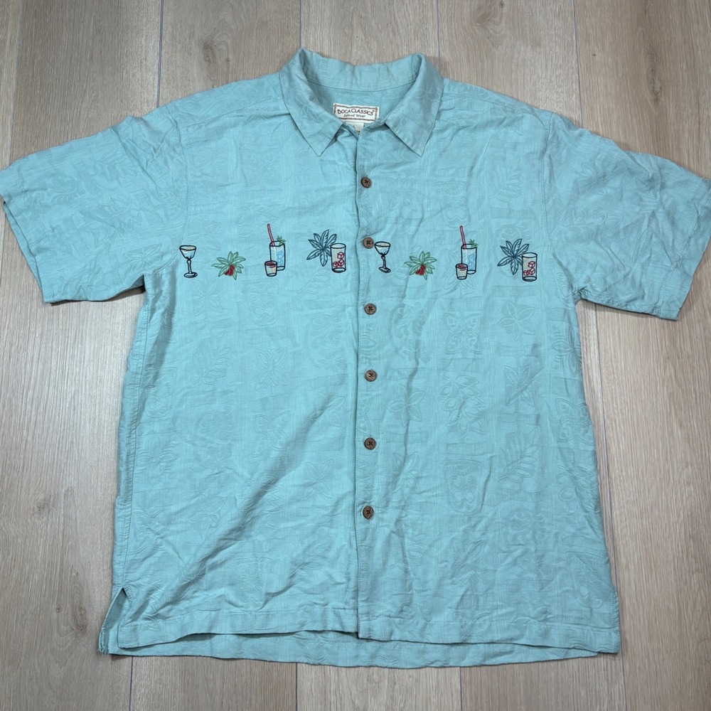 Boca Classics Island Wear Mens Large 100% Silk Aqua Blue Cocktail Tropical Shirt